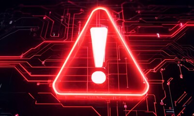 Wall Mural - A red and white warning sign with an exclamation point. The sign is lit up and he is on a circuit board