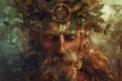 © ylivdesign - Wise green man with eyes closed wearing a crown of leaves and branches is meditating in nature