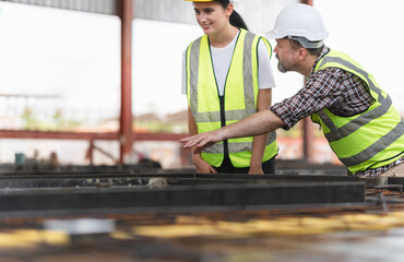 Wall Mural - Caucasian site manager and builder inspect the construction site, Engineer and worker team meeting for planning project at the precast concrete factory site