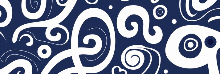 Abstract pattern of white swirls and circles on a deep blue background