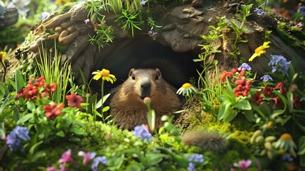 Wall Mural - Adorable smiling groundhog emerges from burrow