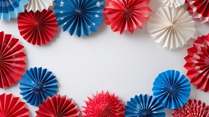 Wall Mural - Frame made of USA flag color paper fans on white background. Happy Labor Day. Presidents Day. Fourth of July. Columbus day concept.