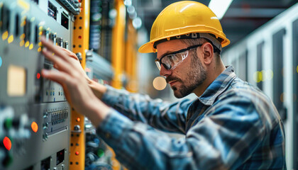 Wall Mural - In a factory, a man is using a machine while wearing a hard hat and safety glasses