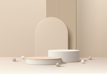 Wall Mural - realistic 3d beige cylindrical podium background with ball, arch backdrop scene. minimalist 3d mocku