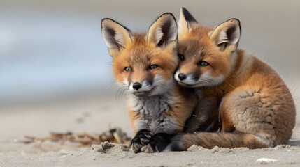 Wall Mural - Wild baby red foxes cuddling at the beach