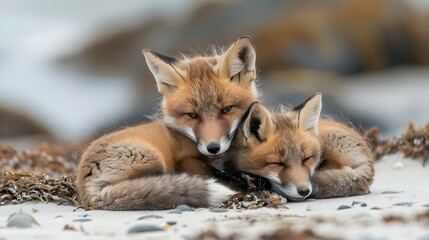 Wall Mural - Wild baby red foxes cuddling at the beach