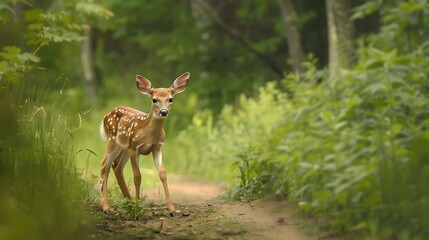 Sticker - White-tailed deer fawn with hind on natural trail