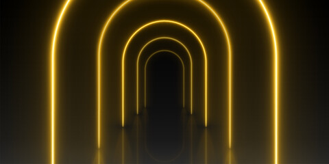 Poster - black runway stage or corridor with neon yellow arch. realistic 3d vector illustration of perspectiv