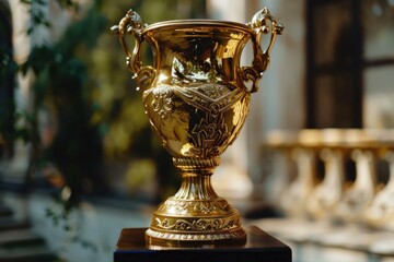 Wall Mural - Golden trophy with handles standing on a pedestal representing winning and success