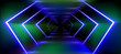 © klyaksun - Abstract neon arrow and speed energy background. Dynamic technology banner with cyber space green blue bg. Led race game graphic with laser tunnel to move and play. Electric techno party backdrop