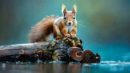 Wall Mural - Red squirrel perched on the end of a log