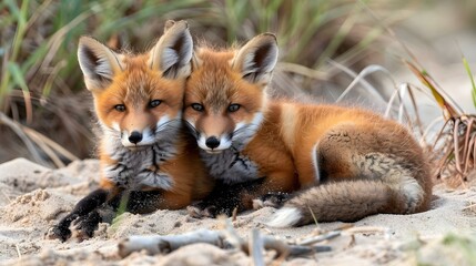 Wall Mural - Wild baby red foxes cuddling at the beach