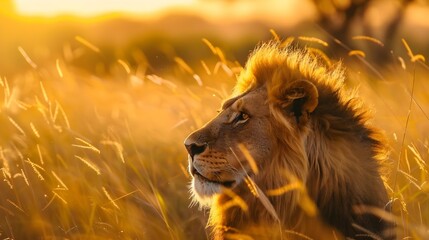 Wall Mural - Lion in the African savanna wildlife landscape