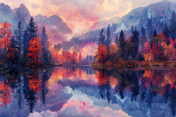 Poster - Mountains, lakes, and reflections in autumn