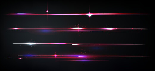 Poster - Pink and purple line with light flare on black background. Bright with streak neon glow effect and shine beam. Realistic vector set of magic or futuristic abstract laser glare with ray and sparkle.
