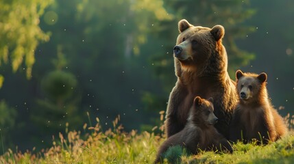 Wall Mural - Brown bear (Ursus arctos) mother with two cubs on green