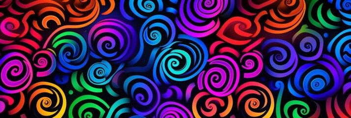 A colorful abstract pattern with neon rainbow spirals on a dark background