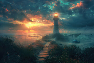 Poster - At sunrise, the lighthouse by the seaside