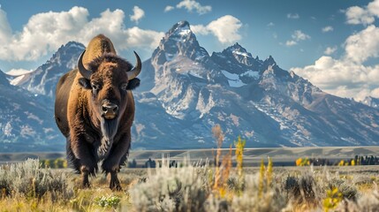 Wall Mural - Bison in front of Grand Teton Mountain Range