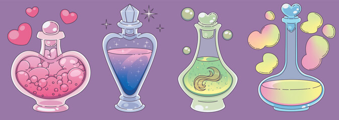 Aufkleber - Magic potion bottles set isolated on background. Contemporary vector cartoon illustration of glass flasks with pink love, shimmering blue, toxic green, yellow medicine liquid, heart bubbles in air