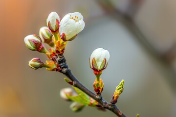 Wall Mural - White flowers blooming on a tree branch, with a blurred background