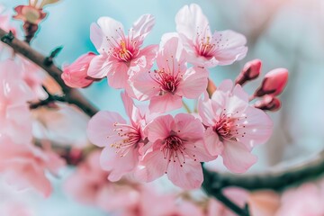Wall Mural - Pink cherry blossom flowers blooming on branch in spring with blue sky background