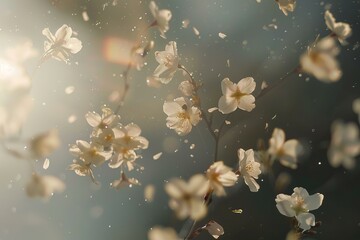 Wall Mural - White cherry blossom flowers falling from a tree with sun shining through in the springtime