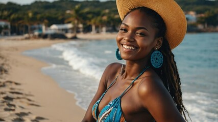 Poster - smiling beautiful african woman model posing in sexy beach summer vacation pictorial photoshoot portrait