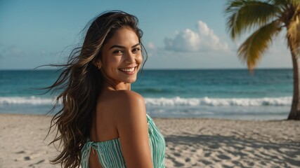 Poster - smiling beautiful hispanic woman model posing in sexy beach summer vacation pictorial photoshoot portrait