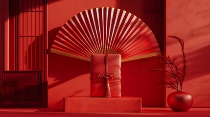 Wall Mural - Render a striking red package set against the detailed patterns of a red Chinese ancient fan in a 3D composition, showcasing cultural artistry