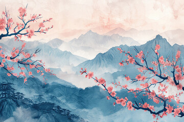 Wall Mural - The sun rises in the mountainous area, red flowers, Chinese painting