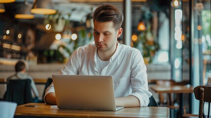 young man working on laptop in coffee shop with laptop