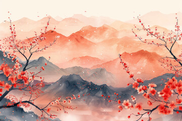 Wall Mural - The sun rises in the mountainous area, red flowers, Chinese painting