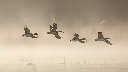 Wall Mural - Northern pintails flying through fog