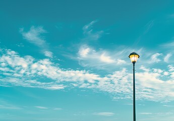 Beautiful sky with white clouds and street lamp on the bottom, top view. Blue background with beautiful clouds in summer. Minimalist natural scene. photo shoot, shot by Canon EOS R5 F2 ISO100 89mm len