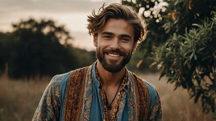 Poster - smiling handsome bearded guy model posing with bohemian style clothing outdoor pictorial photoshoot