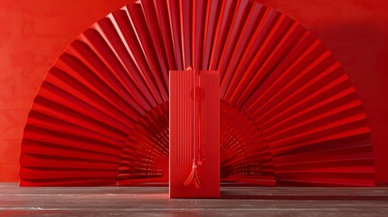 Wall Mural - Generate a 3D rendering of a red package against a background of a red Chinese ancient fan, emphasizing the harmony between contemporary and traditional design