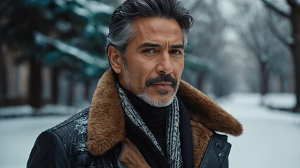 Poster - mature handsome hispanic guy model posing with winter fashion luxury style clothing pictorial photoshoot