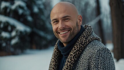 Poster - smiling handsome bald guy model posing with winter fashion luxury style clothing pictorial photoshoot