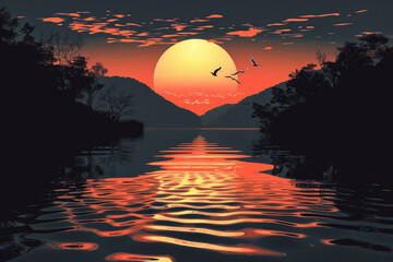 Wall Mural - Mountain lakes, rising sun, illustration