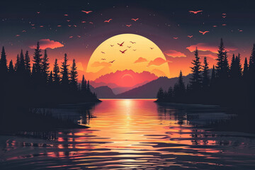 Poster - Mountain lakes, rising sun, illustration