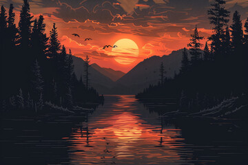 Canvas Print - Mountain lakes, rising sun, illustration