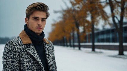 Poster - young handsome guy model posing with winter fashion luxury style clothing pictorial photoshoot