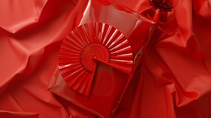 Wall Mural - Render a 3D scene with a red package in front of a delicately designed red Chinese ancient fan, showcasing the beauty of cultural fusion