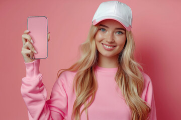 Wall Mural - A fashionable woman wearing pink clothes holding a phone