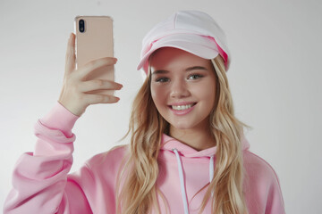 Wall Mural - A fashionable woman wearing pink clothes holding a phone