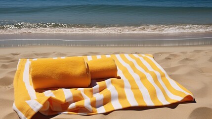 Yellow and white striped beach towel on sandy beach with palm leaf shadows   summer vacation