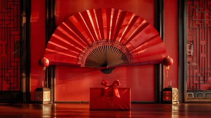 Wall Mural - Create a 3D model featuring a red package with a background of a red Chinese ancient fan, emphasizing the elegance and tradition of Chinese art