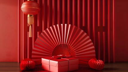 Wall Mural - Design a 3D rendering of a red package with an ornate red Chinese ancient fan in the background, showcasing the fusion of contemporary and traditional styles