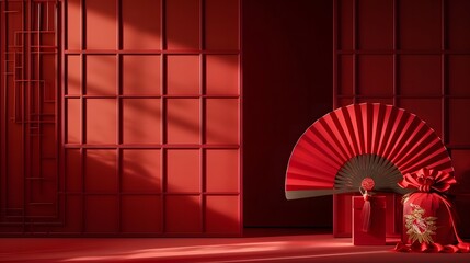 Wall Mural - Generate a 3D scene featuring a red package and a red Chinese ancient fan, capturing the essence of modern design and traditional Chinese aesthetics